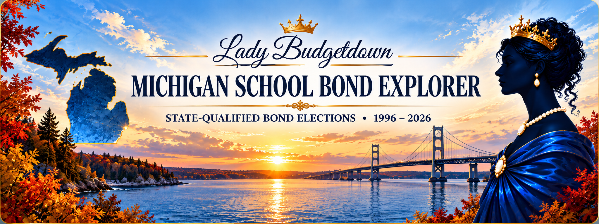Lady Budgetdown Michigan School Bond Explorer banner with Michigan autumn scenery